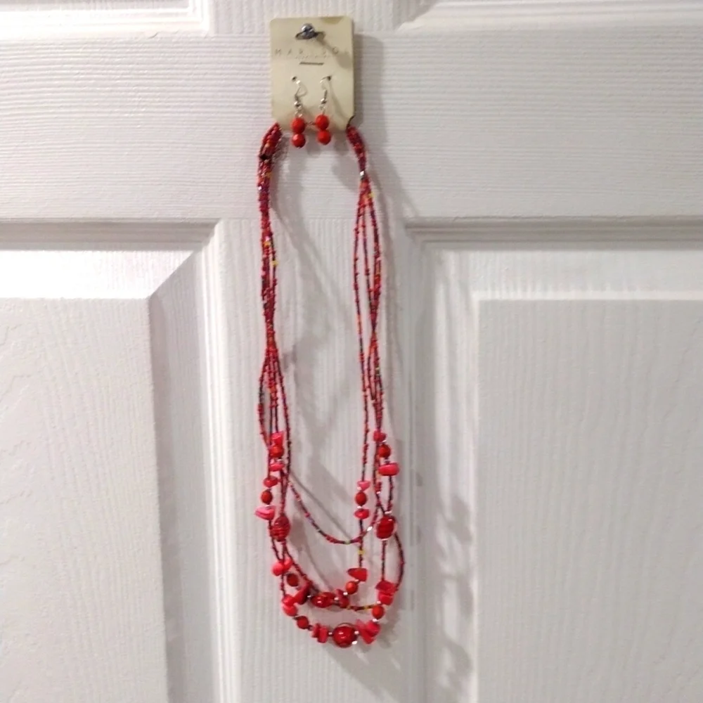 Women's Red Colorful Various Beads Sizes Layered Necklace w/ Matching Earrings